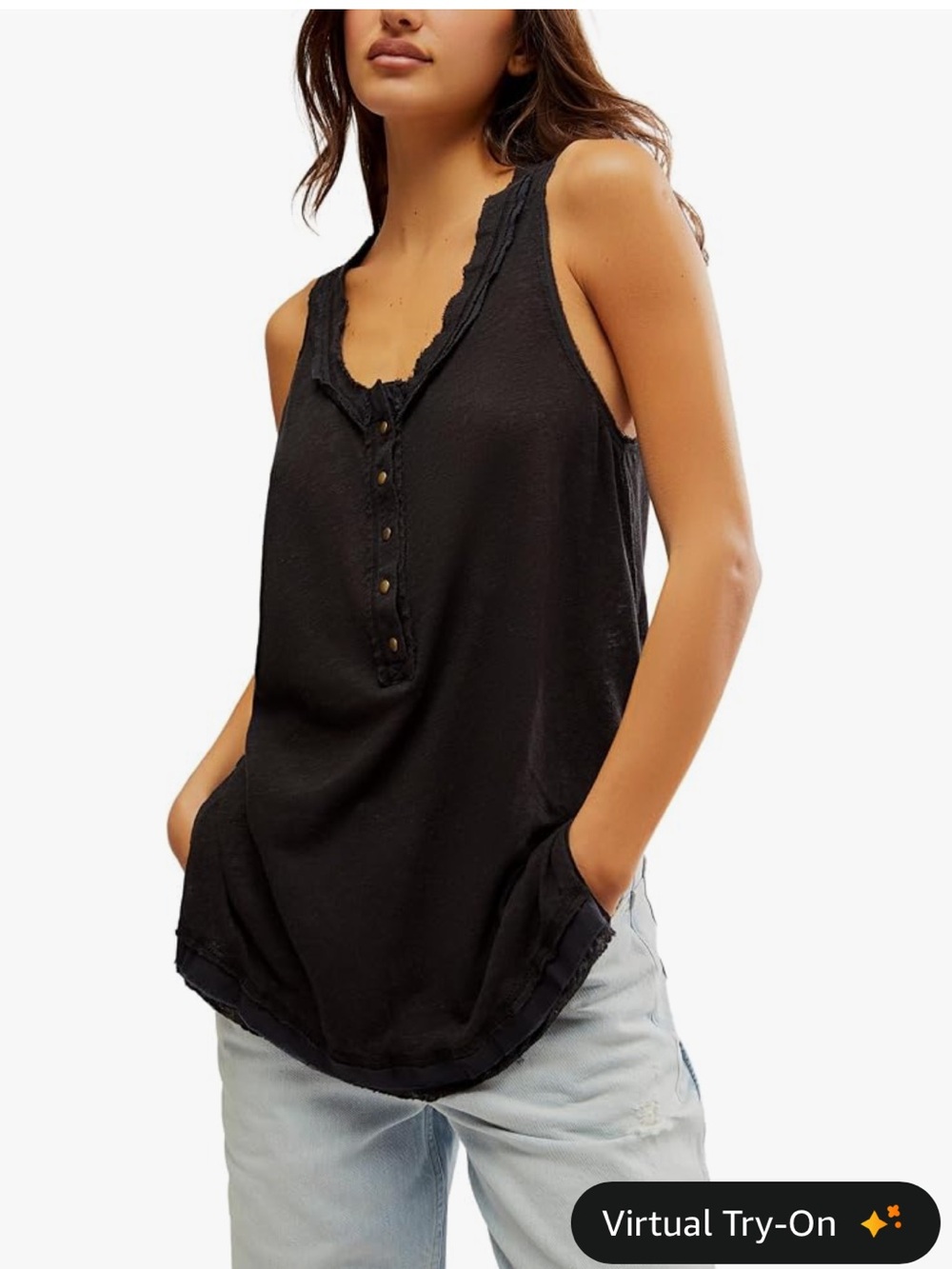 Free People Love Language Burnout Black Sleeveless Henley Tank L